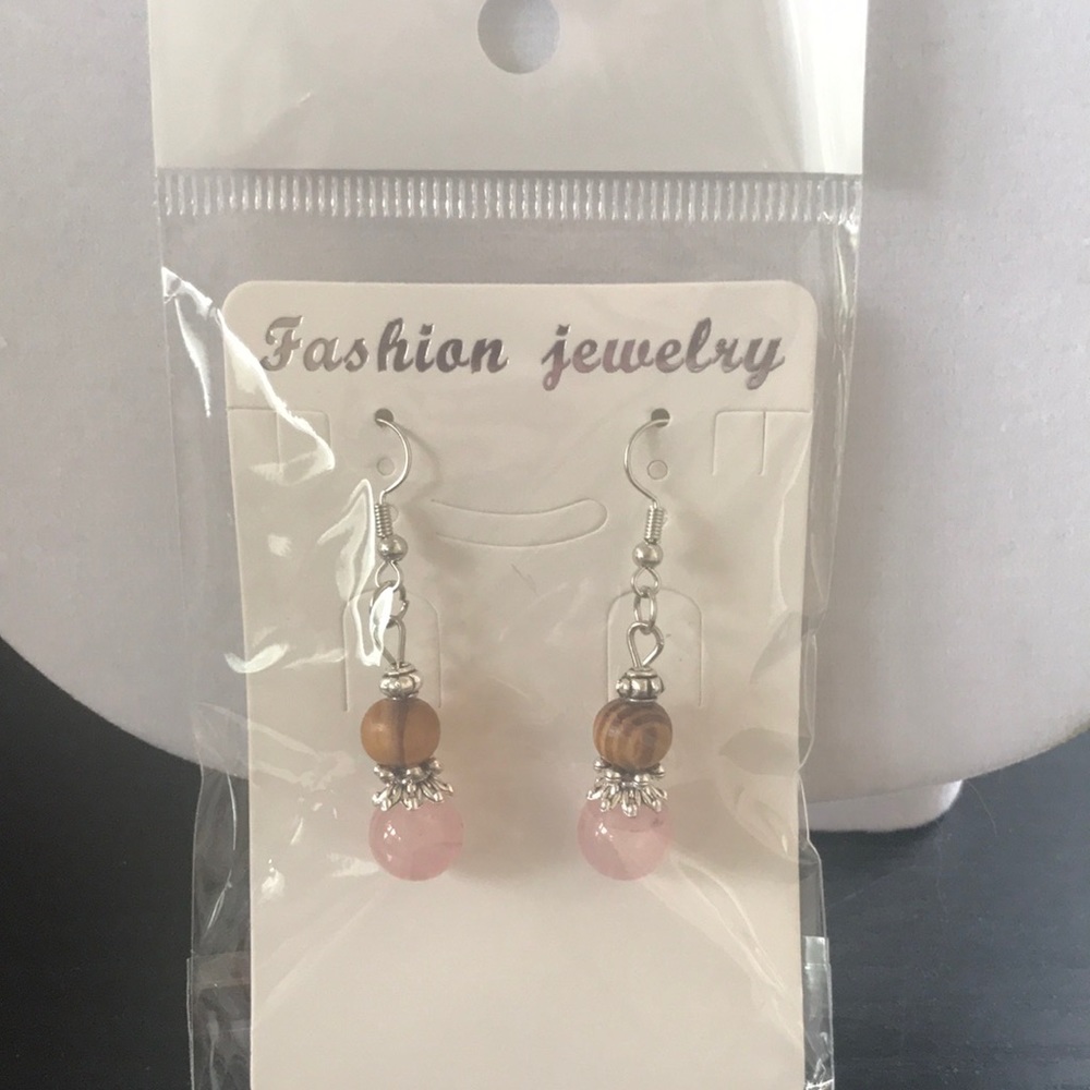 Light Pink Stone & Wooden Bead Earrings NWOT